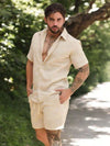 Conjunto Masculino em Linho – Camisa de Botão + Bermuda com Cordão