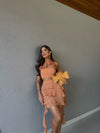 Conjunto Brisa em Chiffon – Cropped Halter Floral & Saia Curta com Babados