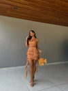 Conjunto Brisa em Chiffon – Cropped Halter Floral & Saia Curta com Babados