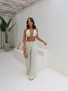 Conjunto Malia Tricô de Malha – Cropped Cortininha & Calça Pantalona Listrada