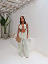 Conjunto Malia Tricô de Malha – Cropped Cortininha & Calça Pantalona Listrada