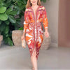 Athena | Vestido Midi Estampado com Fenda e Mangas Bufantes