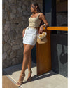 Conjunto Cropped Texturizado e Saia com Faixa Nozes