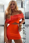 Conjunto Selene – Top Ombro a Ombro com Detalhes em Crochê e Saia Ajustada